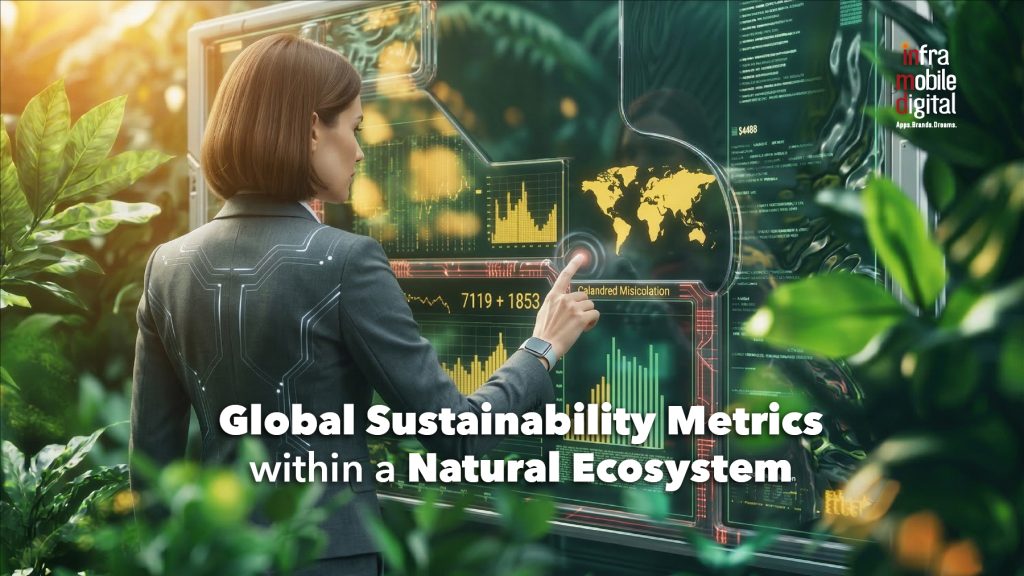 A woman in a grey suit with a circuit-patterned design on the back stands in a lush greenhouse, interacting with a large, transparent digital interface. The screen displays various sustainability metrics, including a gold world map, bar charts, and data trends. Vibrant green tropical plants frame the scene, and the text overlay reads "Global Sustainability Metrics within a Natural Ecosystem," with the Infra Mobile Digital logo in the top right corner.