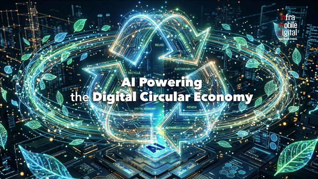 A futuristic digital graphic featuring a large, glowing blue recycling symbol made of light particles and circuit lines, hovering over a microchip labeled "AI." Translucent green leaves float in a circular motion around the symbol against a backdrop of a blurred, glowing night-time city skyline. The center text reads "AI Powering the Digital Circular Economy," with the Infra Mobile Digital logo in the top right corner. Small keywords like "REUSE," "RECYCLE," and "SUSTAINABILITY" are integrated into the glowing design.