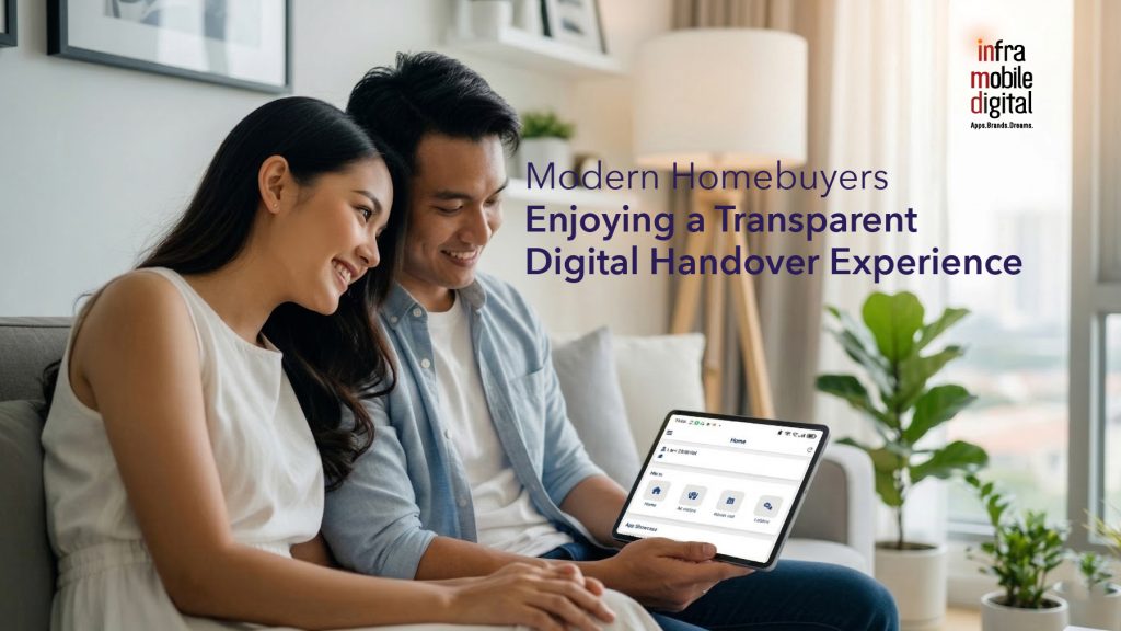 A modern Malaysian couple using a tablet for paperless development and property handover via the ProFix app.